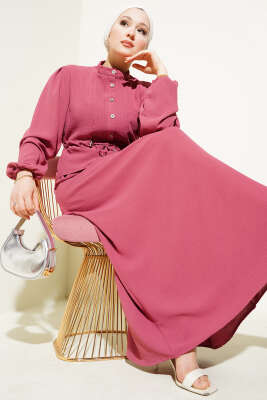 Pazarium - Önü Pileli Bel Tünelli Etekli Takım Gül Kurusu