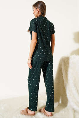 Gömlek Yaka Puantiyeli Pijama Takımı Zümrüt - Thumbnail