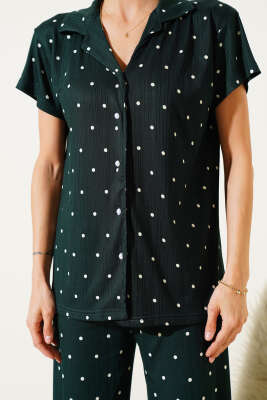 Gömlek Yaka Puantiyeli Pijama Takımı Zümrüt - Thumbnail