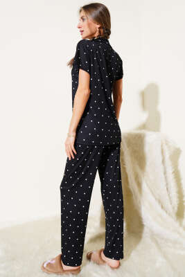 Gömlek Yaka Puantiyeli Pijama Takımı Siyah - Thumbnail