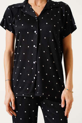 Gömlek Yaka Puantiyeli Pijama Takımı Siyah - Thumbnail