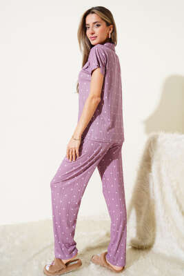 Gömlek Yaka Puantiyeli Pijama Takımı Lila - Thumbnail