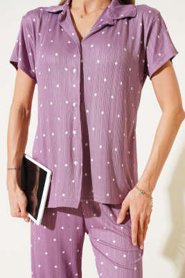 Gömlek Yaka Puantiyeli Pijama Takımı Lila - Thumbnail