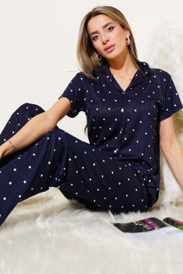 Gömlek Yaka Puantiyeli Pijama Takımı Lacivert - Thumbnail