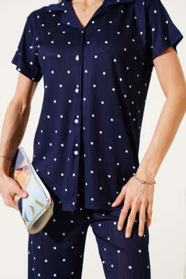Gömlek Yaka Puantiyeli Pijama Takımı Lacivert - Thumbnail