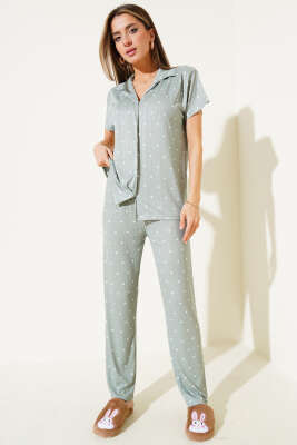 Gömlek Yaka Puantiyeli Pijama Takımı Çağla Yeşili - Thumbnail