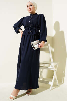 Pazarium - Önü Pileli Bel Tünelli Etekli Takım Lacivert