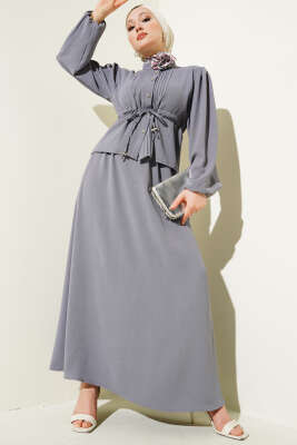 Pazarium - Önü Pileli Bel Tünelli Etekli Takım Kayrak Grisi