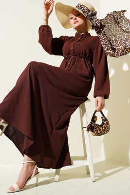 Pazarium - Önü Pileli Bel Tünelli Etekli Takım Acı Kahve