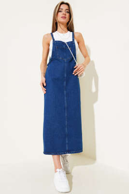 Yaka Cepli Askılı Midi Kot Slopet Kot - Thumbnail