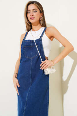 Yaka Cepli Askılı Midi Kot Slopet Kot - Thumbnail