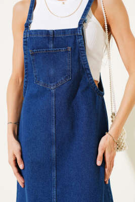 Yaka Cepli Askılı Midi Kot Slopet Kot - Thumbnail