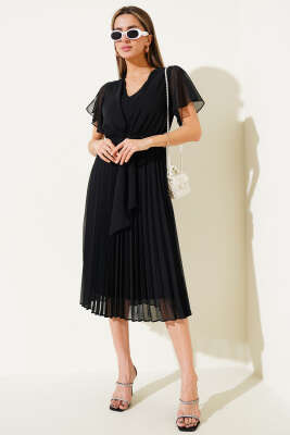 V Yaka Pileli Şifon Midi Elbise Siyah - Thumbnail