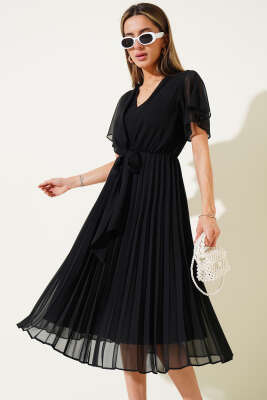 V Yaka Pileli Şifon Midi Elbise Siyah - Thumbnail