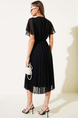 V Yaka Pileli Şifon Midi Elbise Siyah - Thumbnail