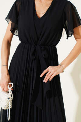 V Yaka Pileli Şifon Midi Elbise Siyah - Thumbnail