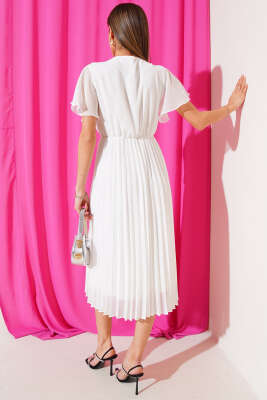 V Yaka Pileli Şifon Midi Elbise Beyaz - Thumbnail