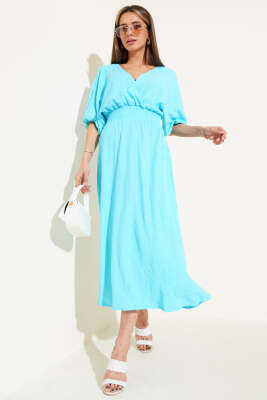 Pazarium - Bel Gipeli Yarım Kol Kırınkıl Midi Elbise Turkuaz