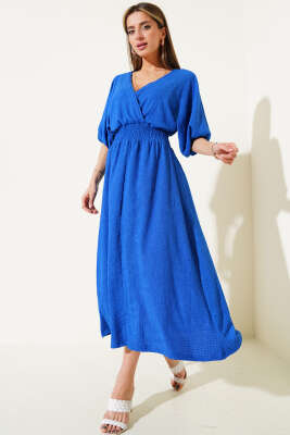 Bel Gipeli Yarım Kol Kırınkıl Midi Elbise Saks - Thumbnail