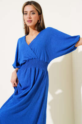 Bel Gipeli Yarım Kol Kırınkıl Midi Elbise Saks - Thumbnail