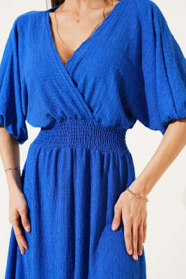 Bel Gipeli Yarım Kol Kırınkıl Midi Elbise Saks - Thumbnail