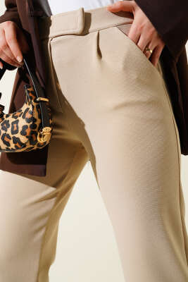 Cırtcırtlı Tek Pile Pantolon Bej - Thumbnail