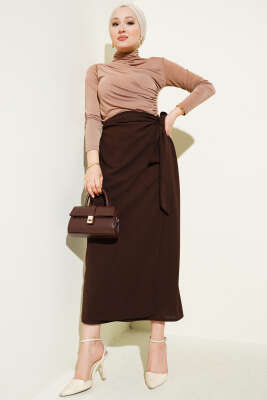 Yandan Kuşak Bağlamalı Etek Kahve - Thumbnail