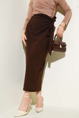 Yandan Kuşak Bağlamalı Etek Kahve - Thumbnail