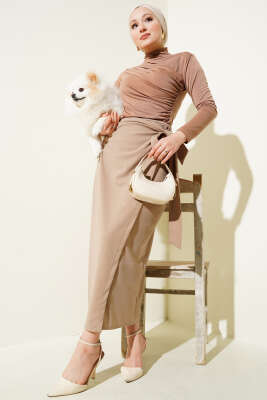 Yandan Kuşak Bağlamalı Etek Bej - Thumbnail