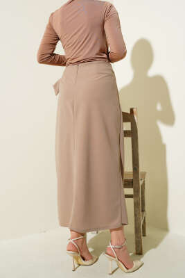 Yandan Kuşak Bağlamalı Etek Bej - Thumbnail