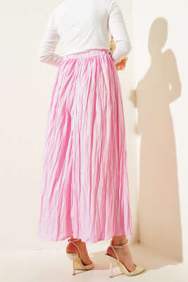 Kırışık Kumaş Bel Lastikli Etek Pembe - Thumbnail