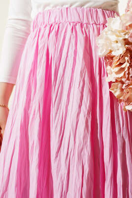 Kırışık Kumaş Bel Lastikli Etek Pembe - Thumbnail