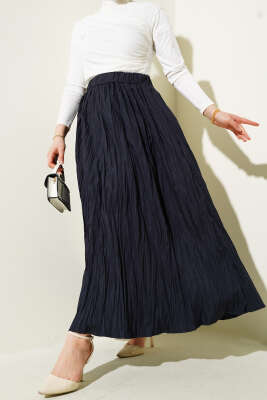 Kırışık Kumaş Bel Lastikli Etek Lacivert - Thumbnail