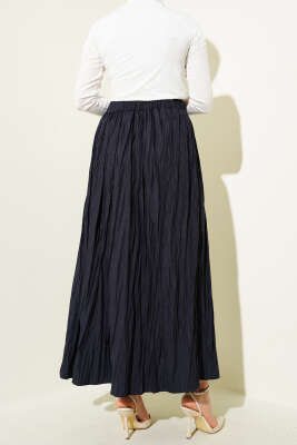 Kırışık Kumaş Bel Lastikli Etek Lacivert - Thumbnail