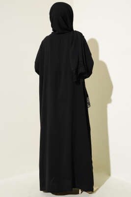 Kendinden Şallı Dantelli Namaz Elbisesi Siyah - Thumbnail