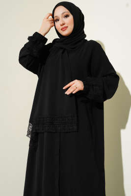 Kendinden Şallı Dantelli Namaz Elbisesi Siyah - Thumbnail