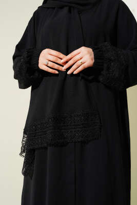 Kendinden Şallı Dantelli Namaz Elbisesi Siyah - Thumbnail