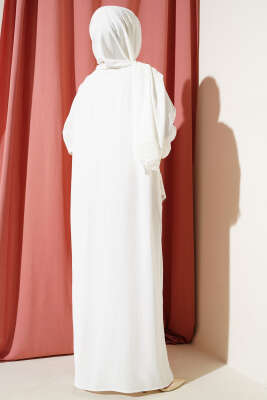 Kendinden Şallı Dantelli Namaz Elbisesi Beyaz - Thumbnail
