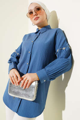 Pazarium - Kol Taşlı Ağaç Kabuğu Gömlek İndigo