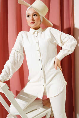 Pazarium - Kol Taşlı Ağaç Kabuğu Gömlek Ekru