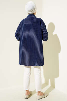 Dik Çizgili Salaş Gömlek Lacivert - Thumbnail