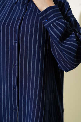 Dik Çizgili Salaş Gömlek Lacivert - Thumbnail