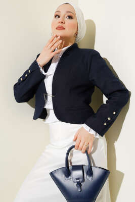 Zincirli Çengel İğneli Kısa Ceket Lacivert - Thumbnail