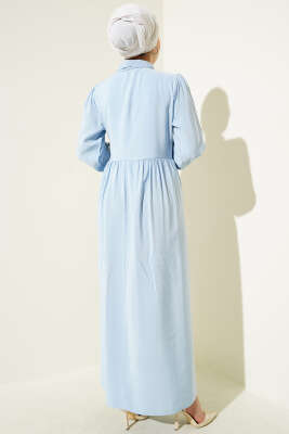 Bağlamalı Yarım Taş Düğmeli Elbise Buz Mavisi - Thumbnail