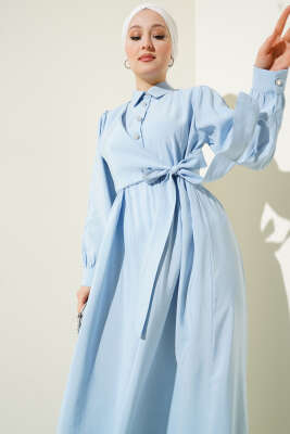 Bağlamalı Yarım Taş Düğmeli Elbise Buz Mavisi - Thumbnail