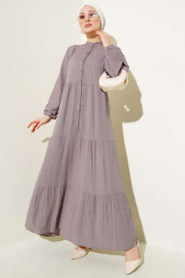 Pazarium - Yarım Düğmeli Patlı Kat Elbise Vizon