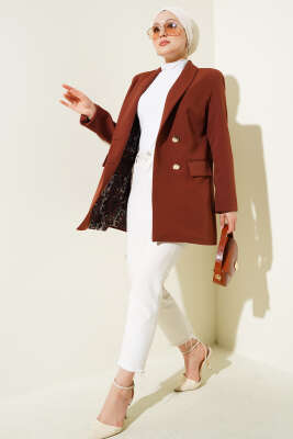 Astarı Leoparlı Kruvaze Ceket Kahve - Thumbnail