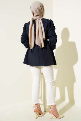 Büzgülü Fermuarlı Kuşaklı Ceket Lacivert - Thumbnail