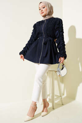 Büzgülü Fermuarlı Kuşaklı Ceket Lacivert - Thumbnail