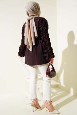 Büzgülü Fermuarlı Kuşaklı Ceket Bordo - Thumbnail